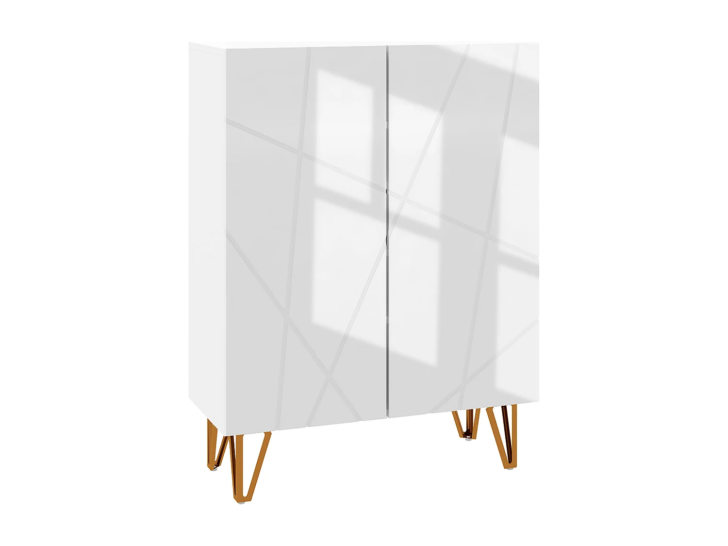 Meuble à chaussures style Art déco 2 portes 5 niveaux piètement épingle acier doré façade laquée blanc