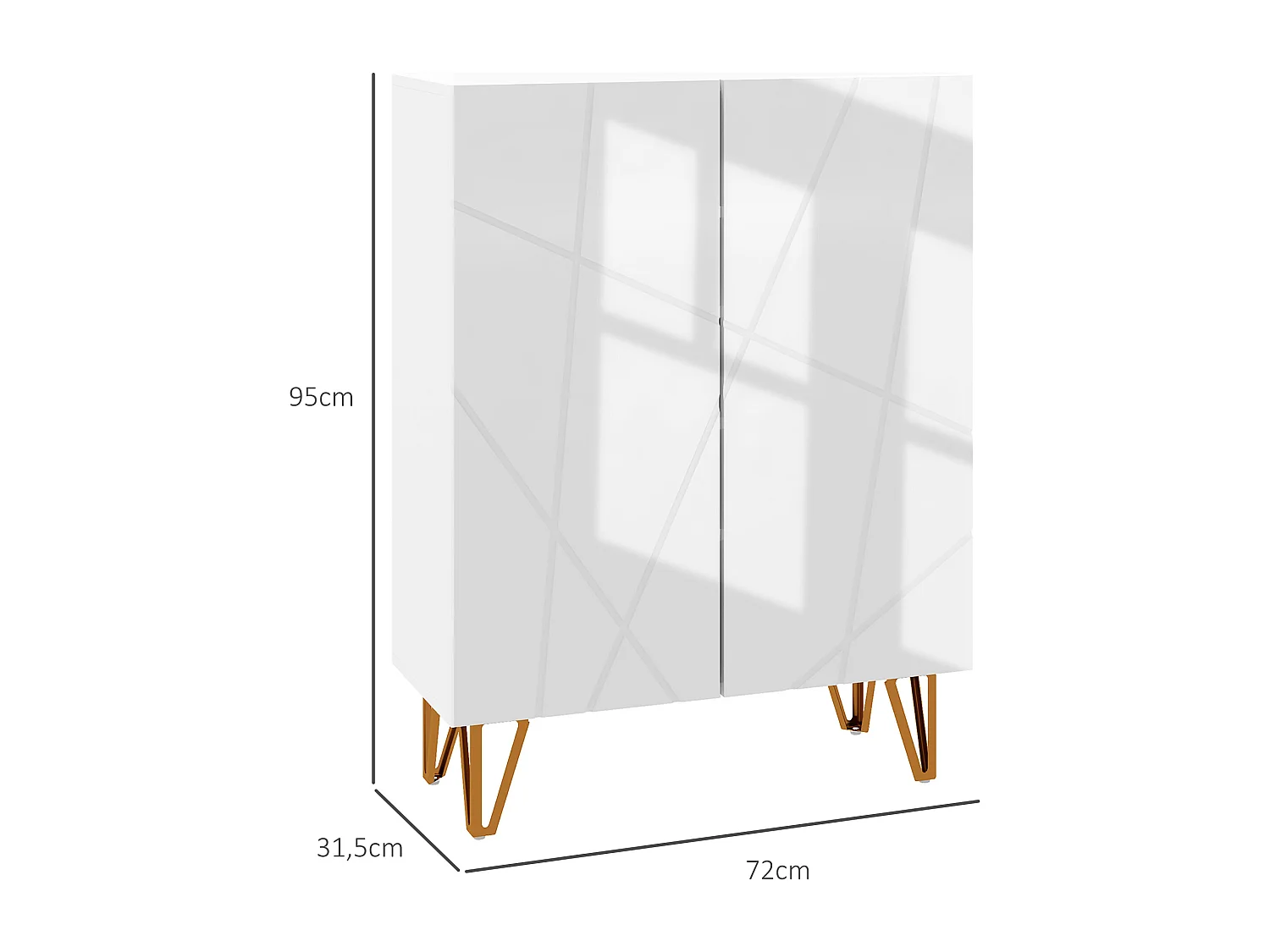 Meuble à chaussures style Art déco 2 portes 5 niveaux piètement épingle acier doré façade laquée blanc