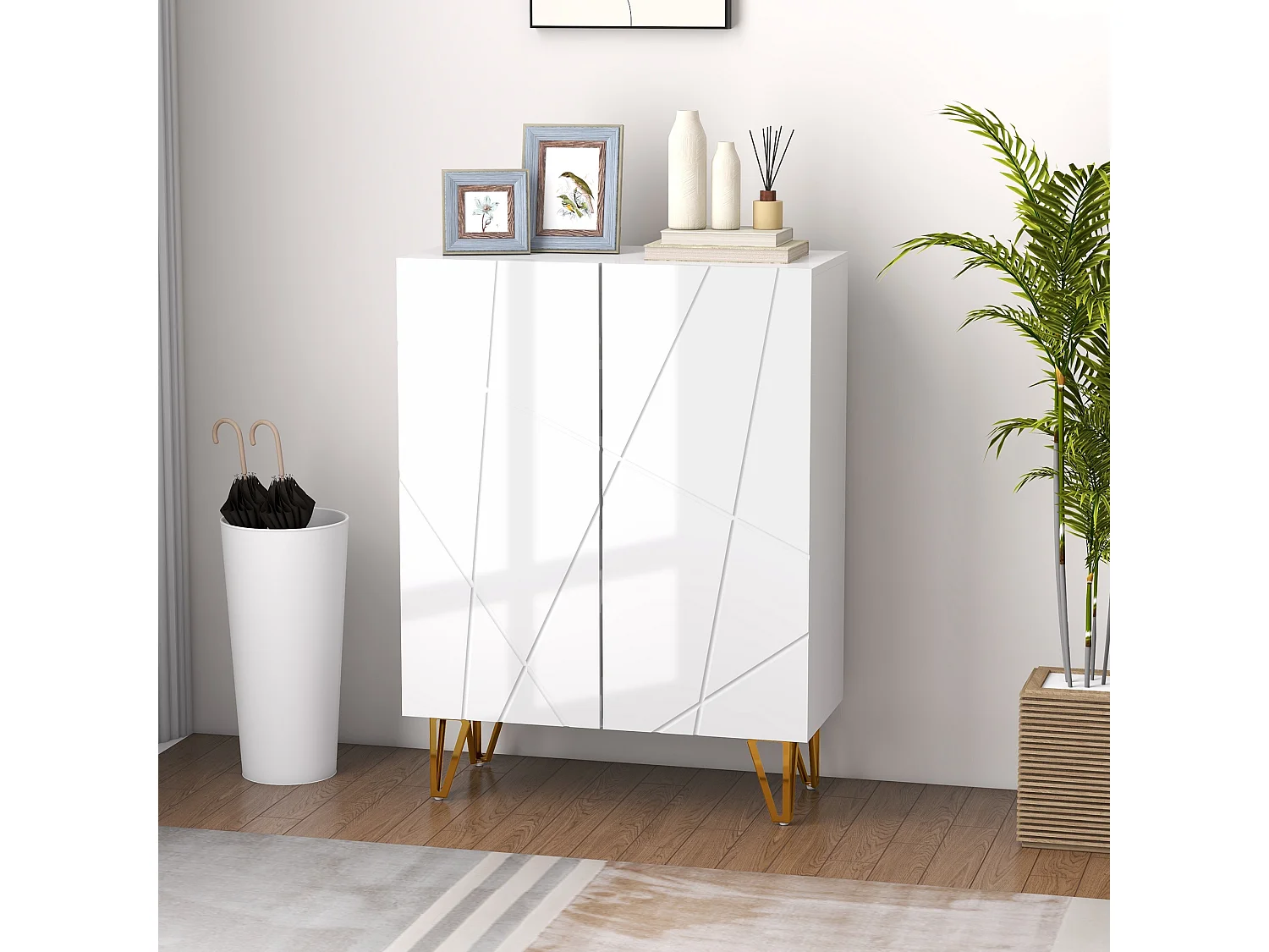 Meuble à chaussures style Art déco 2 portes 5 niveaux piètement épingle acier doré façade laquée blanc