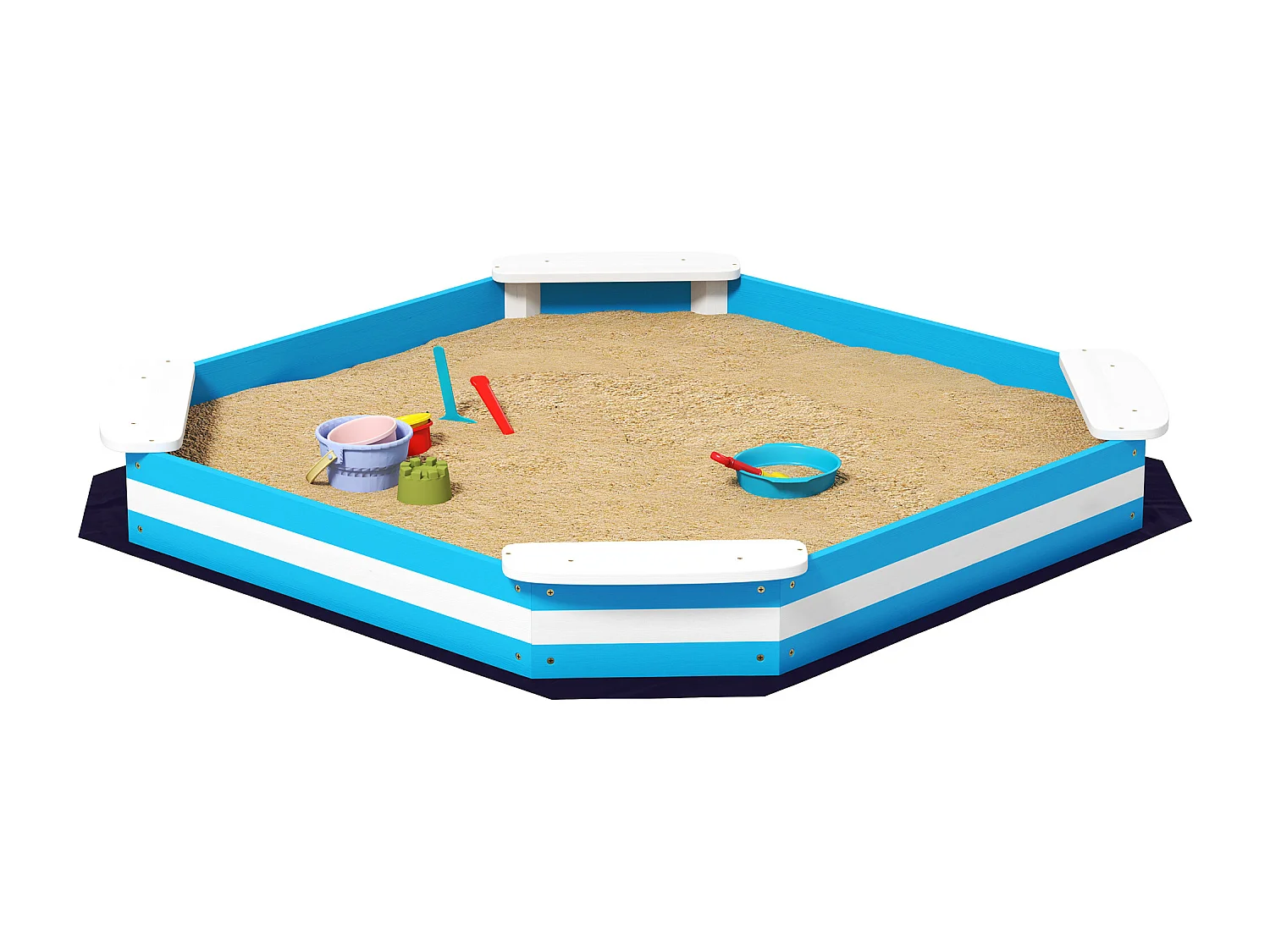 Bac à sable enfant 3-6 ans en bois - 4 sièges, doublure de fond - dim. 133 x 133 x 16 cm - bleu blanc