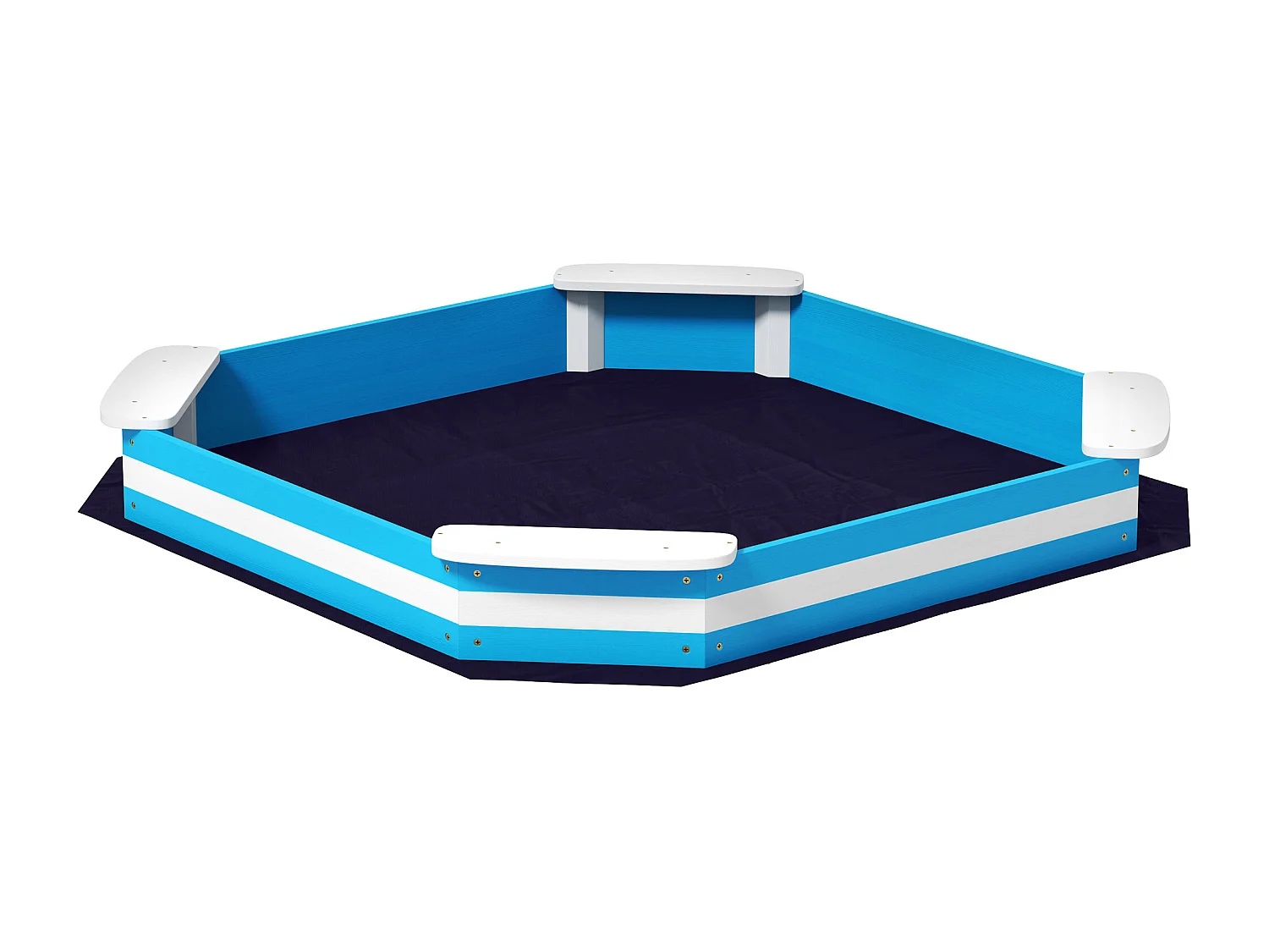 Bac à sable enfant 3-6 ans en bois - 4 sièges, doublure de fond - dim. 133 x 133 x 16 cm - bleu blanc