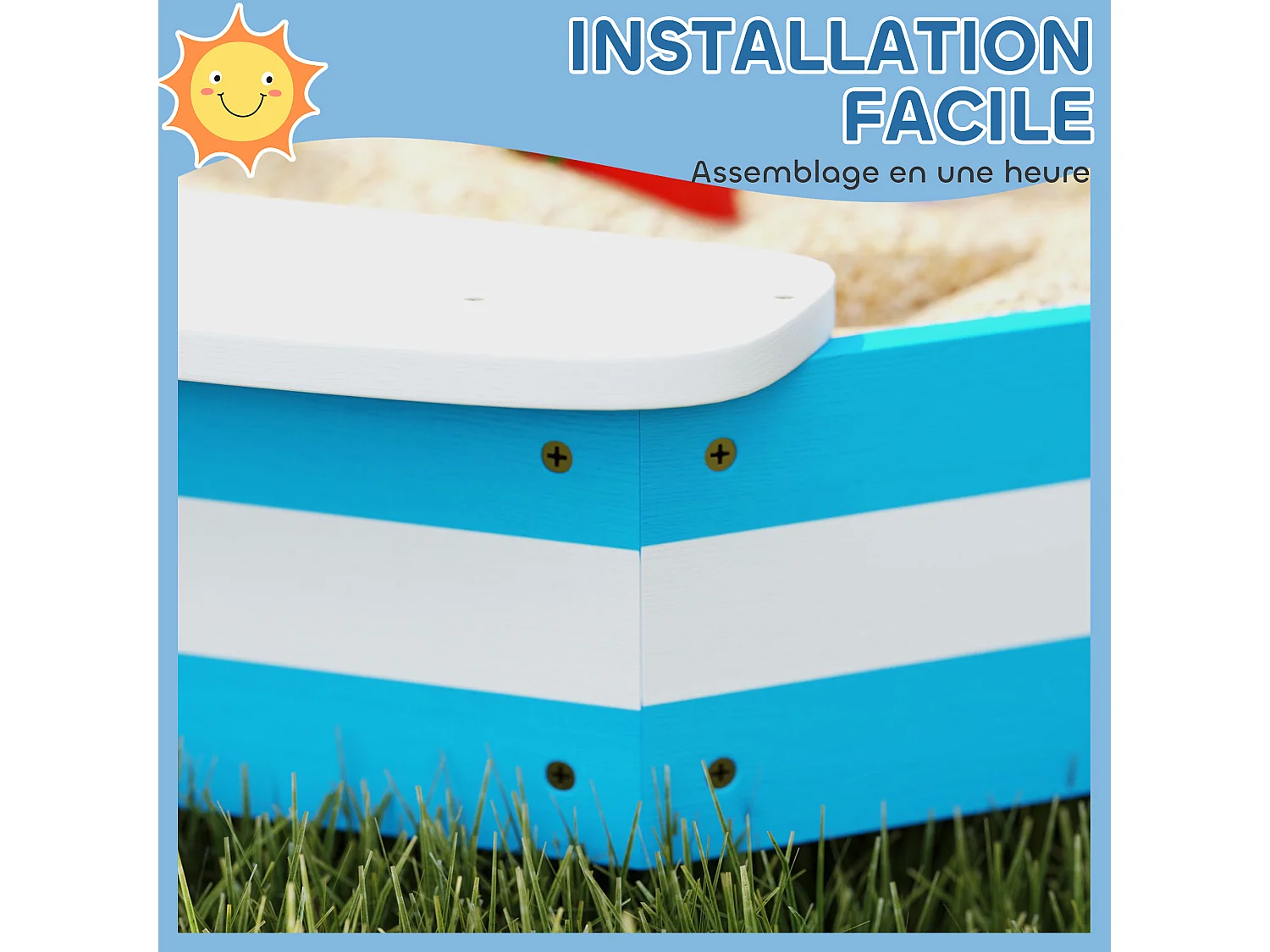 Bac à sable enfant 3-6 ans en bois - 4 sièges, doublure de fond - dim. 133 x 133 x 16 cm - bleu blanc