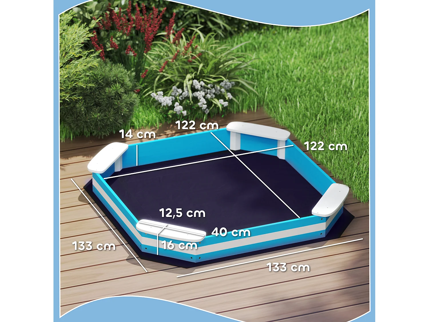 Bac à sable enfant 3-6 ans en bois - 4 sièges, doublure de fond - dim. 133 x 133 x 16 cm - bleu blanc