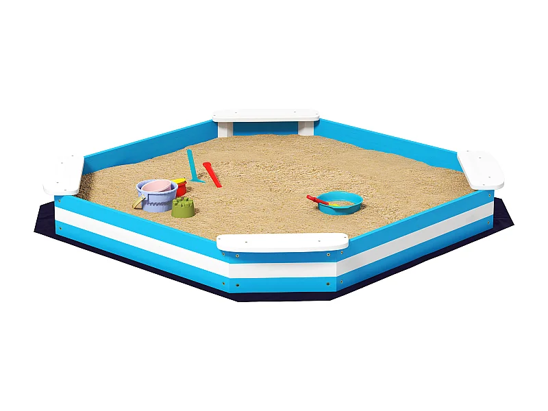 Bac à sable enfant 3-6 ans en bois - 4 sièges, doublure de fond - dim. 133 x 133 x 16 cm - bleu blanc