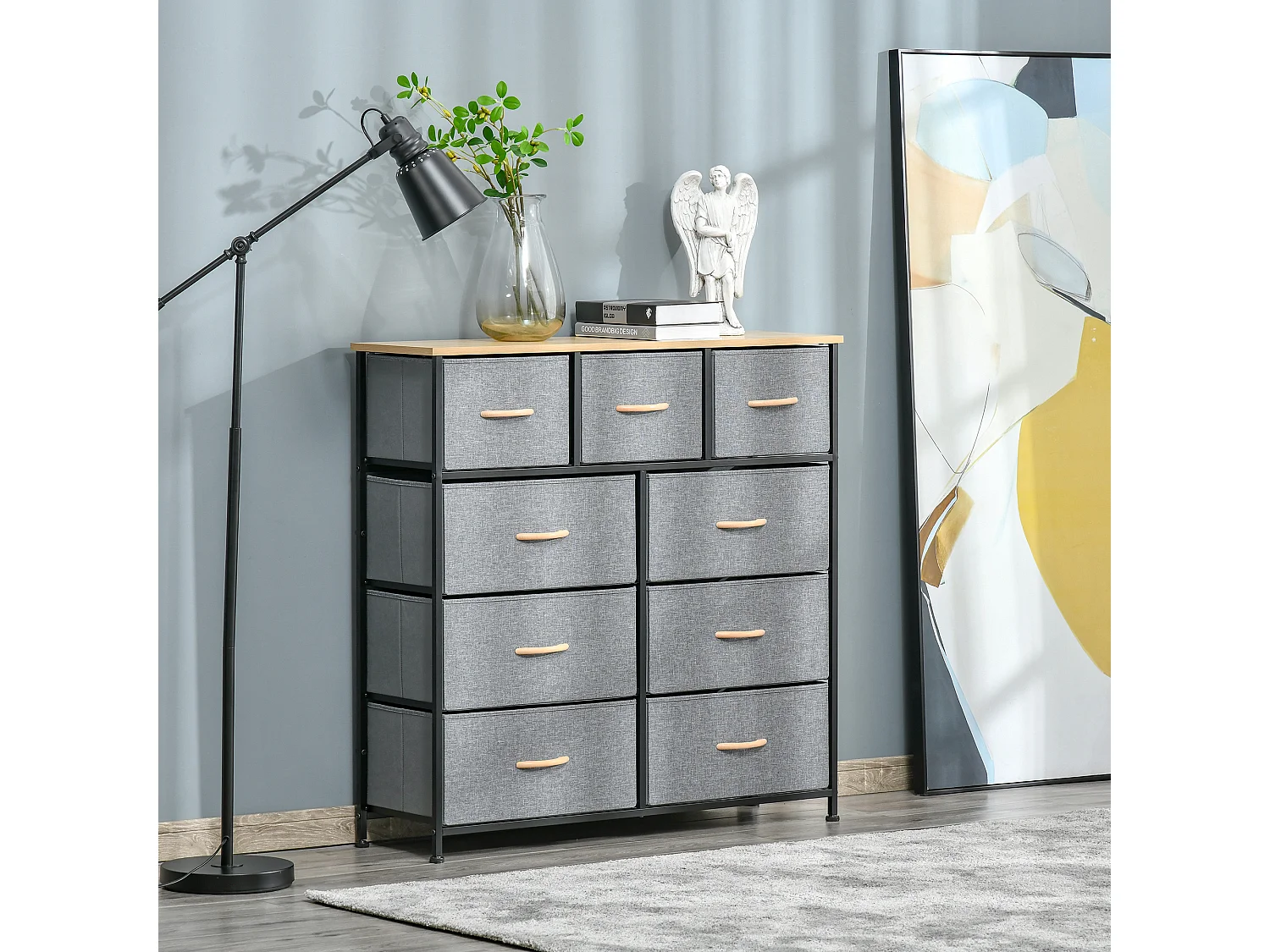 Meuble de rangement commode 9 tiroirs plateau acier MDF non tissé effet bois clair noir gris