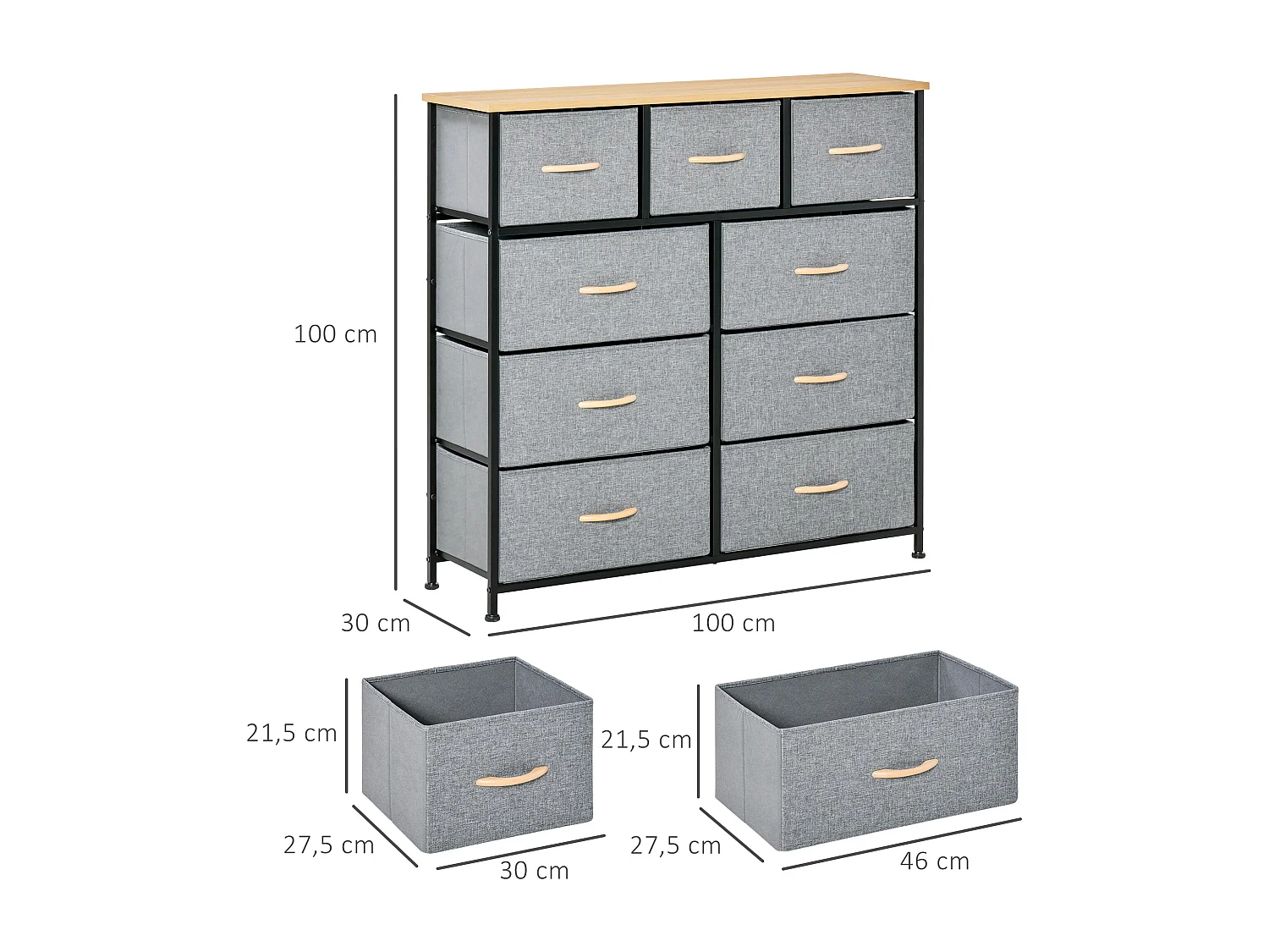 Meuble de rangement commode 9 tiroirs plateau acier MDF non tissé effet bois clair noir gris
