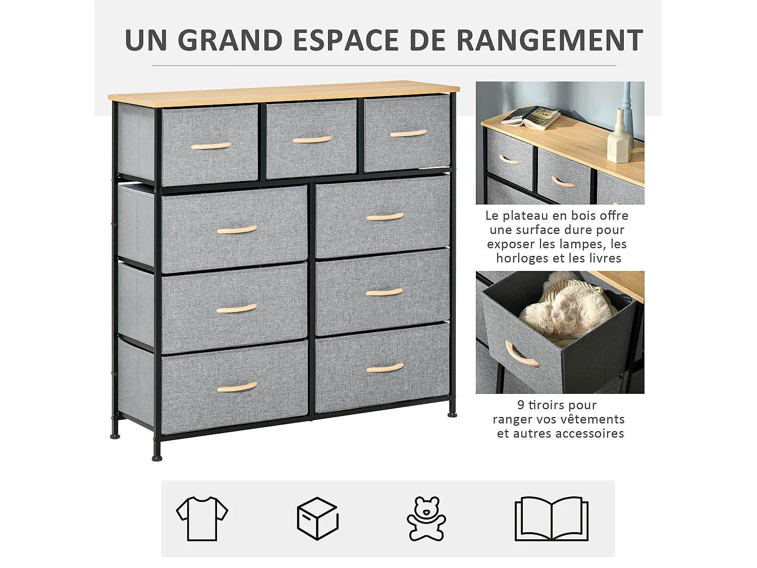 Meuble de rangement commode 9 tiroirs plateau acier MDF non tissé effet bois clair noir gris
