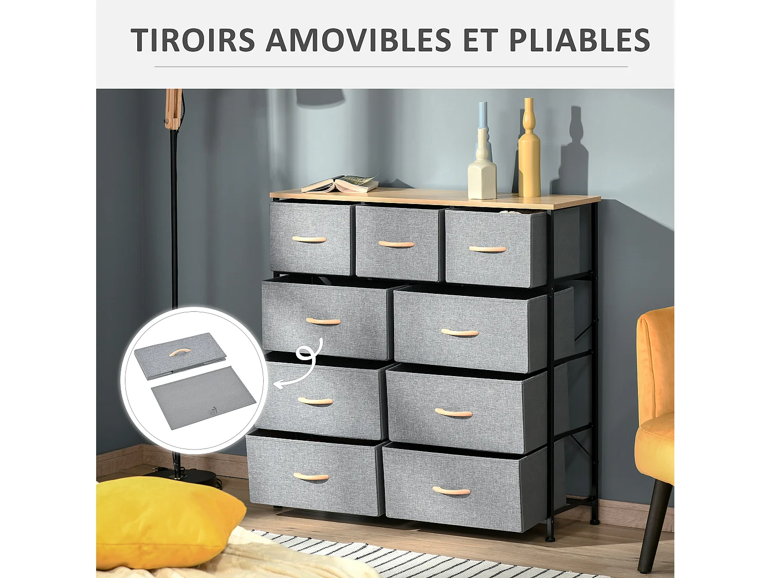 Meuble de rangement commode 9 tiroirs plateau acier MDF non tissé effet bois clair noir gris