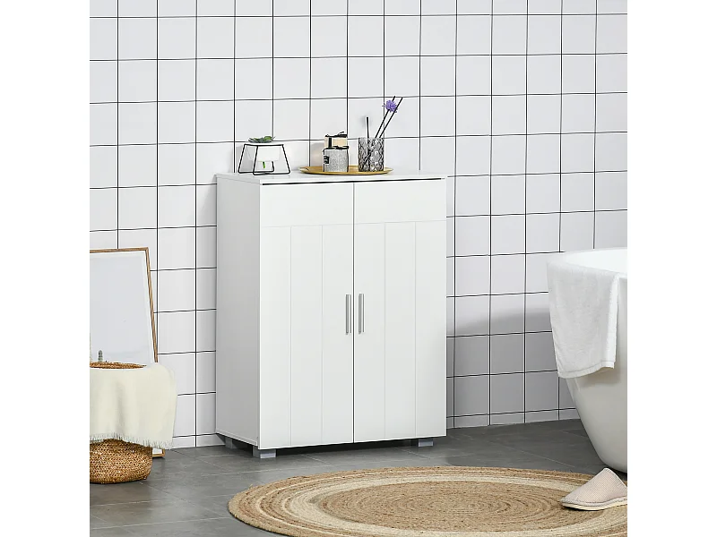 Meuble bas de salle de bain sur pied - 2 portes, 2 étagères réglables - dim. 60 x 30 x 80 cm - MDF blanc
