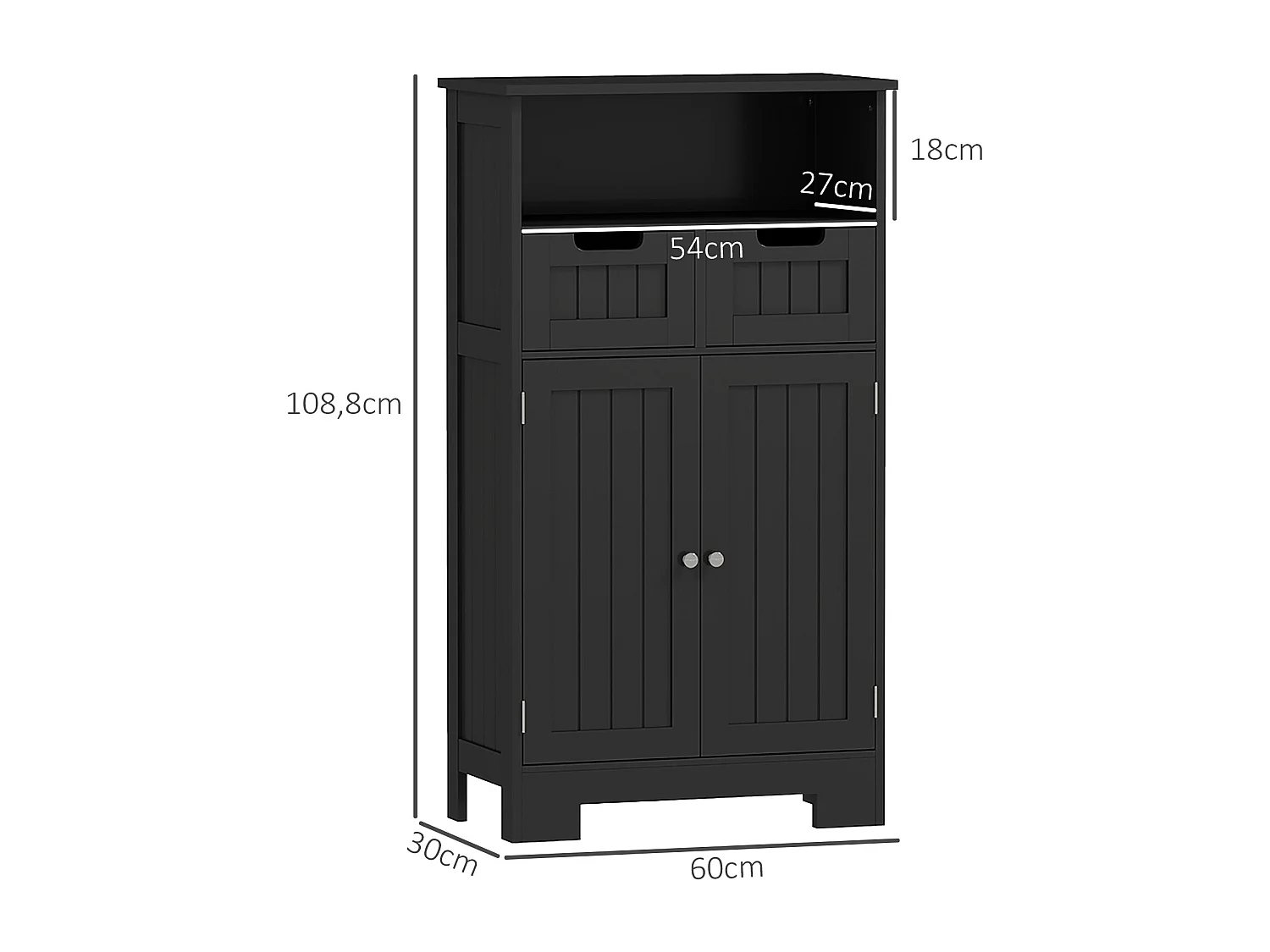 Meuble bas de salle de bain multi-rangements grande niche 2 tiroirs placard double porte avec étagère MDF noir