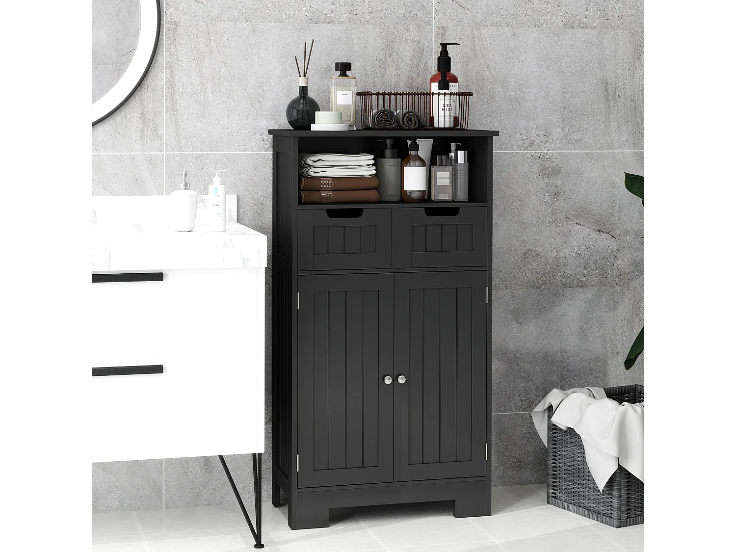 Meuble bas de salle de bain multi-rangements grande niche 2 tiroirs placard double porte avec étagère MDF noir