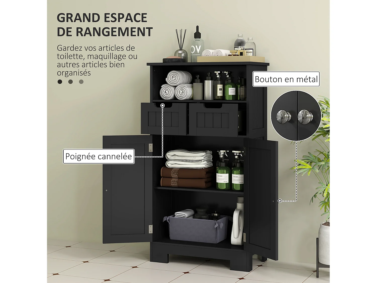 Meuble bas de salle de bain multi-rangements grande niche 2 tiroirs placard double porte avec étagère MDF noir