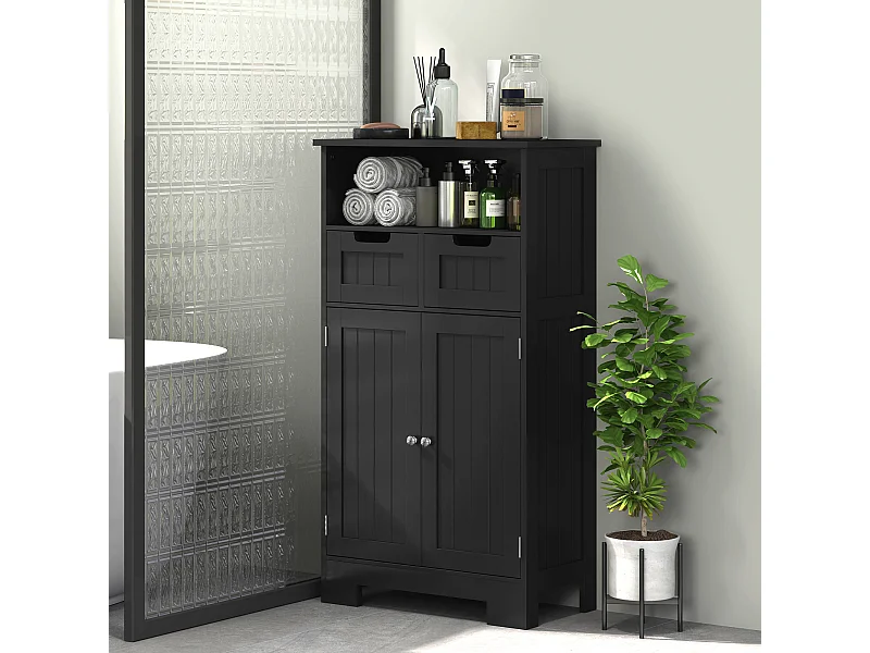 Meuble bas de salle de bain multi-rangements grande niche 2 tiroirs placard double porte avec étagère MDF noir