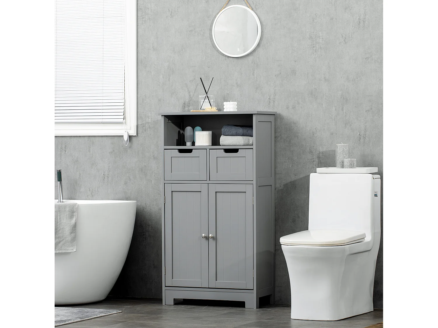 Meuble bas de salle de bain multi-rangements grande niche 2 tiroirs placard double porte avec étagère MDF gris