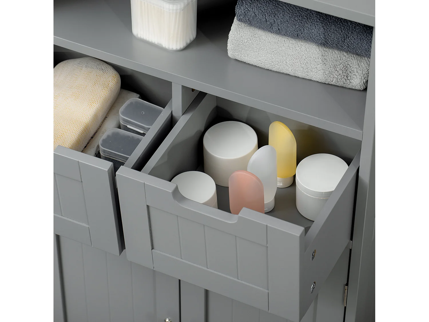Meuble bas de salle de bain multi-rangements grande niche 2 tiroirs placard double porte avec étagère MDF gris