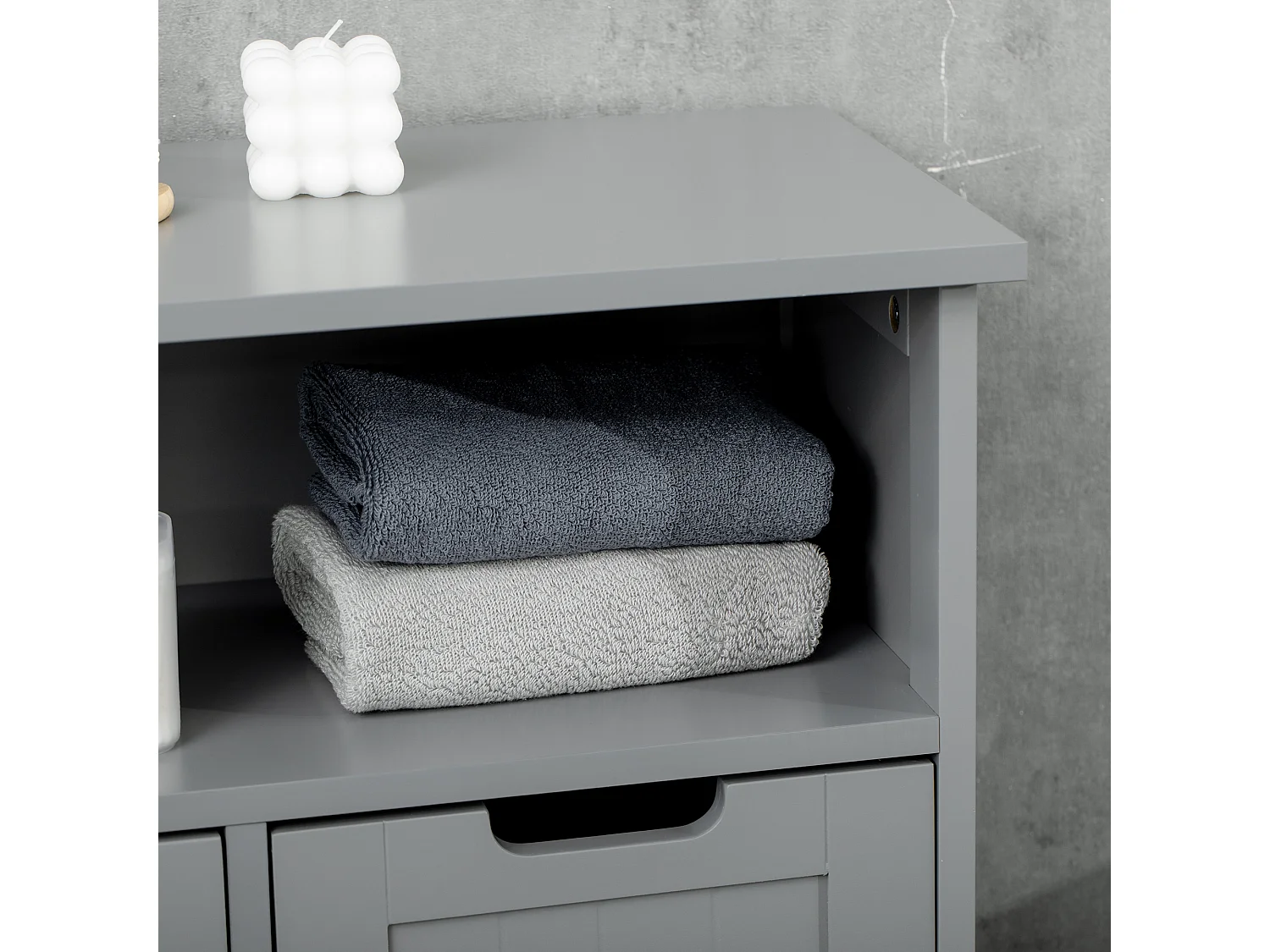 Meuble bas de salle de bain multi-rangements grande niche 2 tiroirs placard double porte avec étagère MDF gris