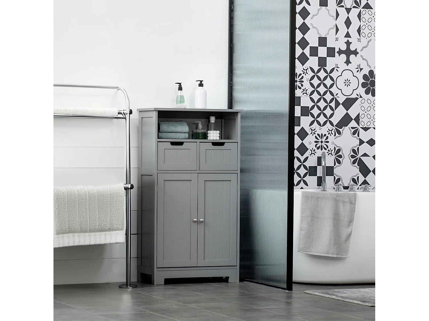 Meuble bas de salle de bain multi-rangements grande niche 2 tiroirs placard double porte avec étagère MDF gris