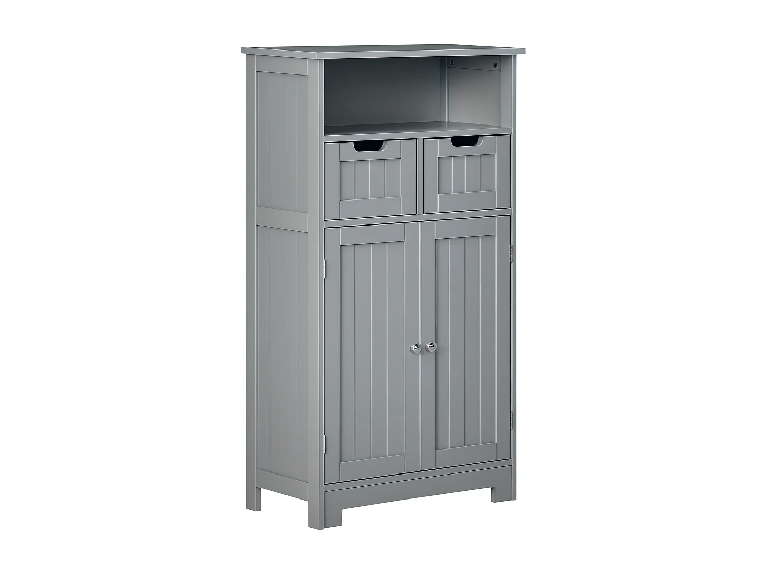 Meuble bas de salle de bain multi-rangements grande niche 2 tiroirs placard double porte avec étagère MDF gris