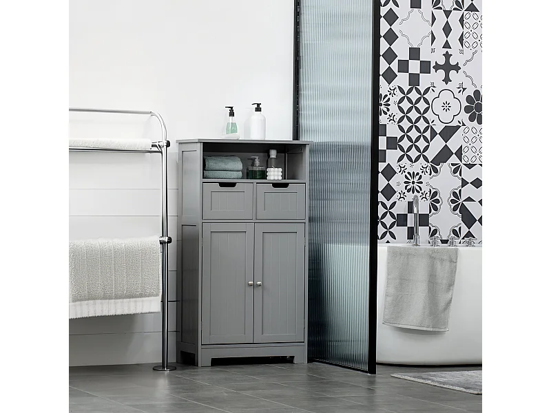 Meuble bas de salle de bain multi-rangements grande niche 2 tiroirs placard double porte avec étagère MDF gris