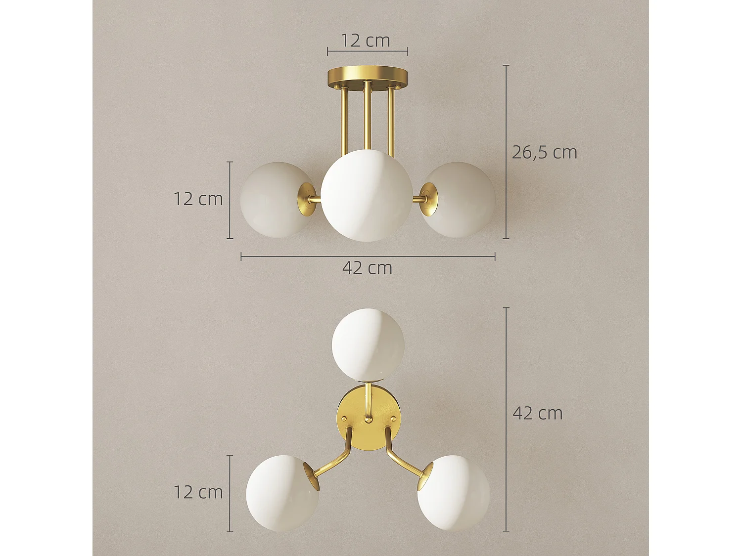 Plafonnier design doré dia. 42 cm 3 lampes boules verre dépoli blanc métal