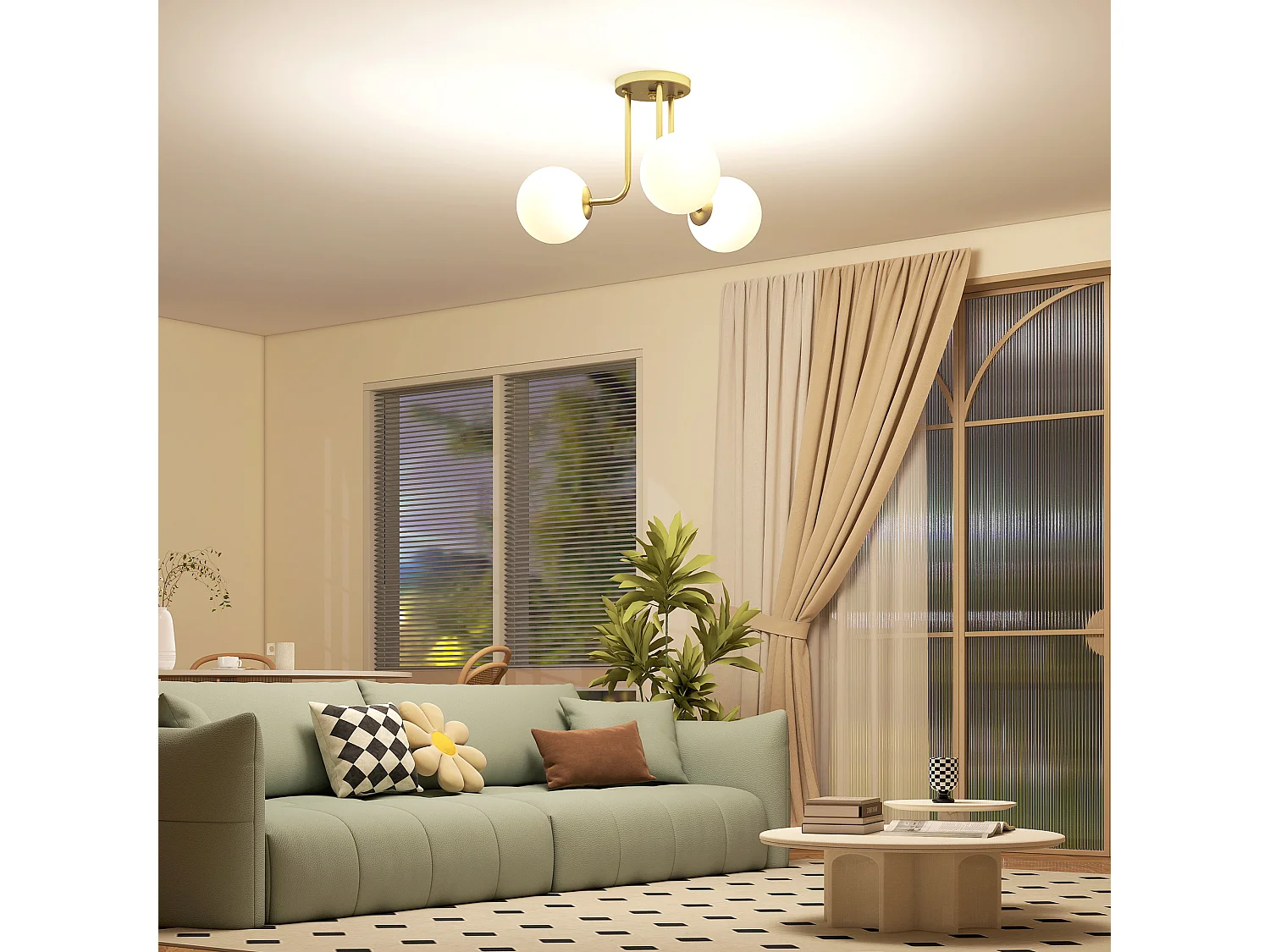 Plafonnier design doré dia. 42 cm 3 lampes boules verre dépoli blanc métal