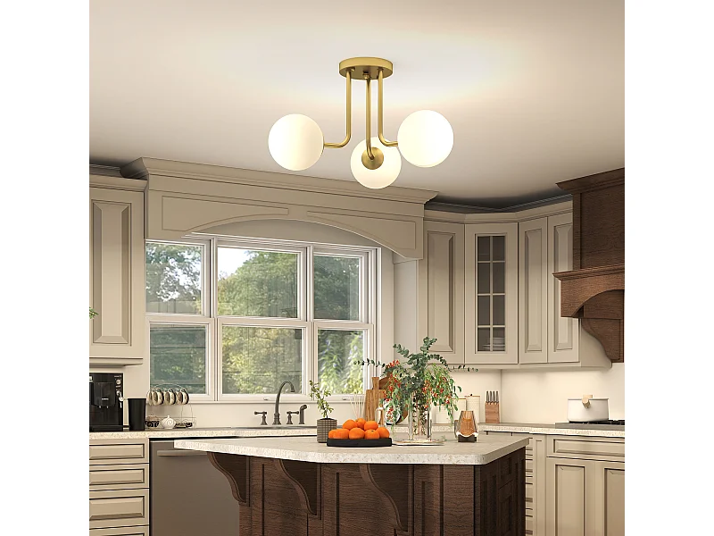 Plafonnier design doré dia. 42 cm 3 lampes boules verre dépoli blanc métal