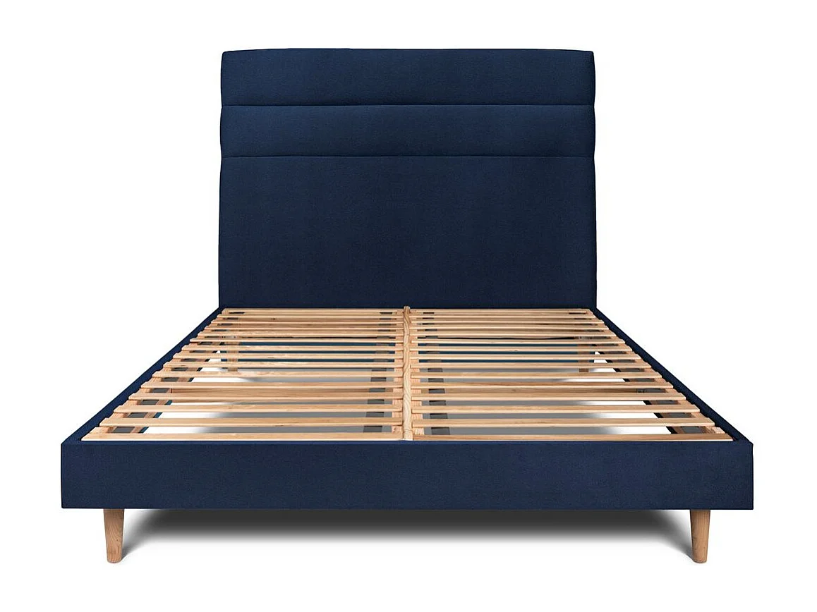 Lit 180x200cm avec tête de lit lignes velours et sommier kit Bleu - Hauteur totale : 29cm