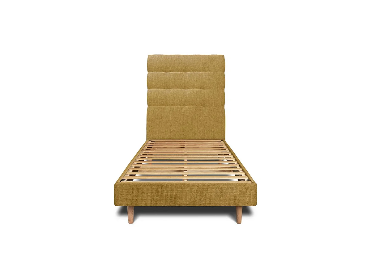 Lit 90x190cm avec tête de lit capitonnée tissu et sommier kit jaune - Hauteur totale : 29cm