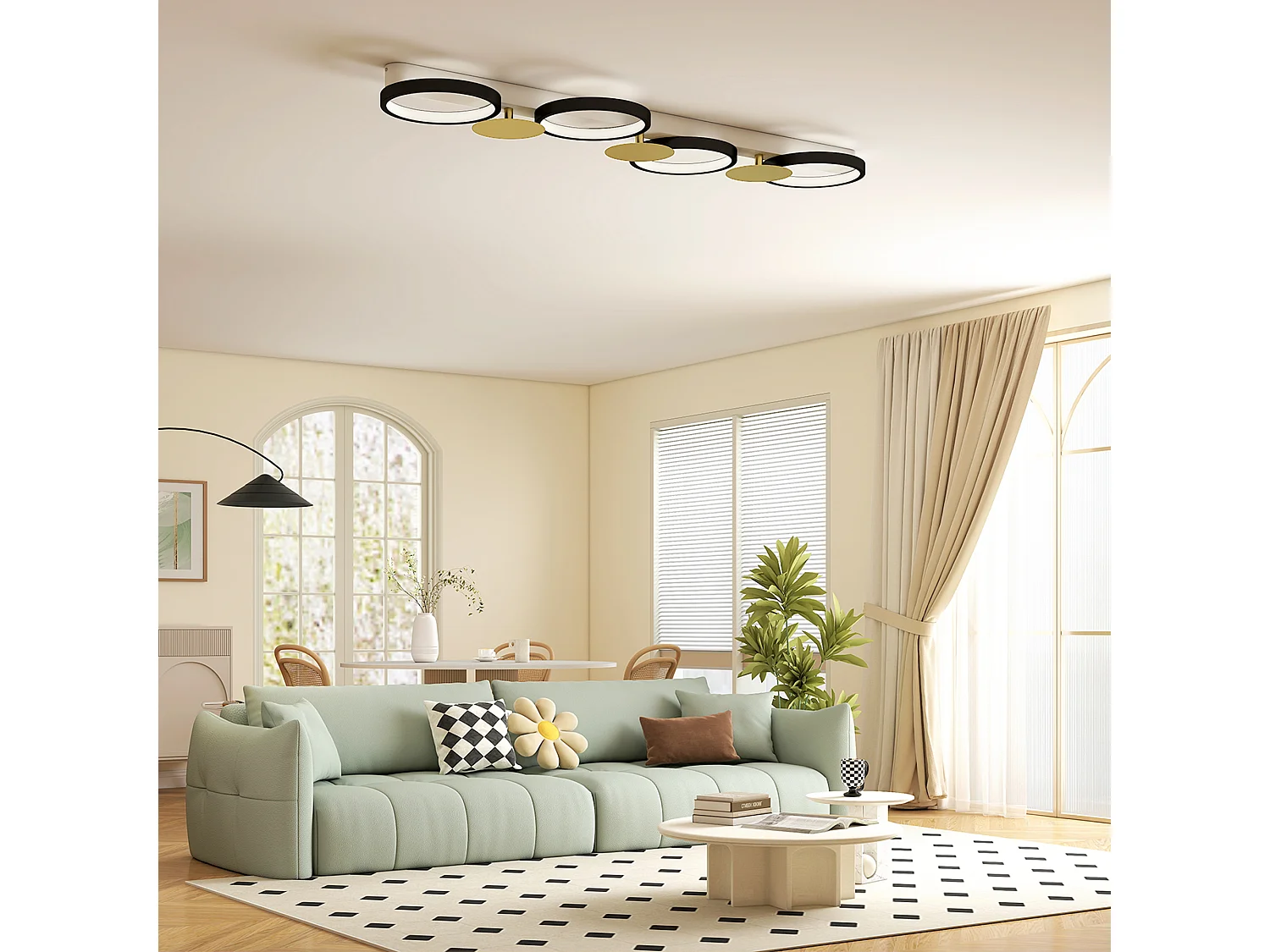 Plafonnier design anneaux LED 38W réglable avec télécommande métal noir doré