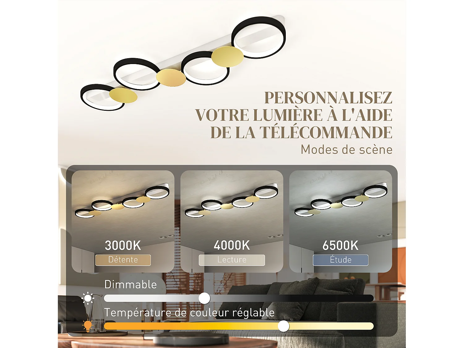 Plafonnier design anneaux LED 38W réglable avec télécommande métal noir doré