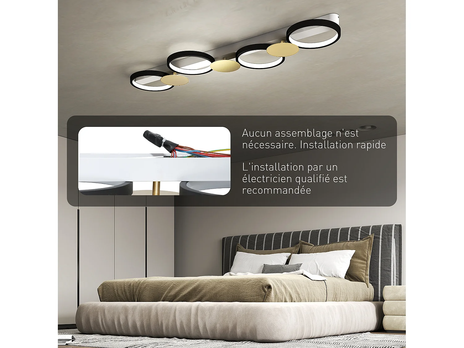 Plafonnier design anneaux LED 38W réglable avec télécommande métal noir doré