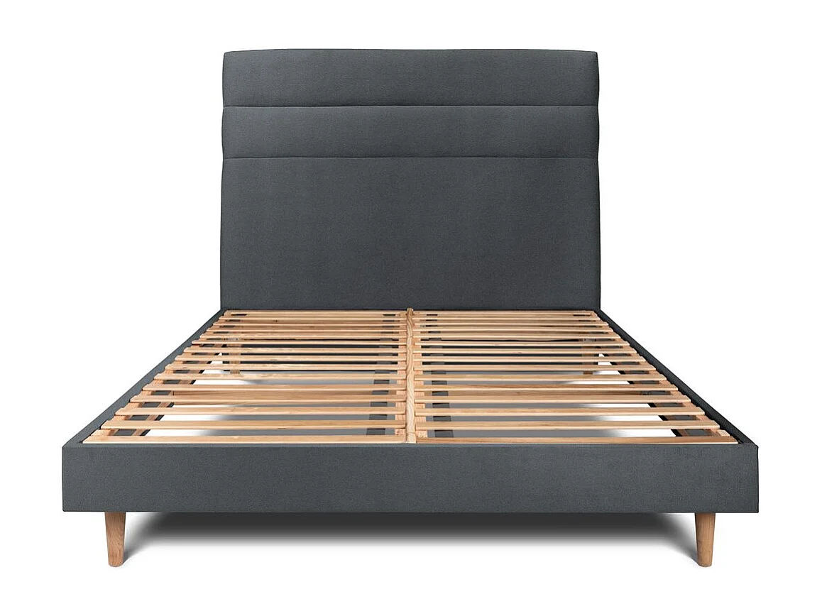 Lit 180x200cm avec tête de lit lignes velours et sommier kit gris anthracite - Hauteur totale : 29cm