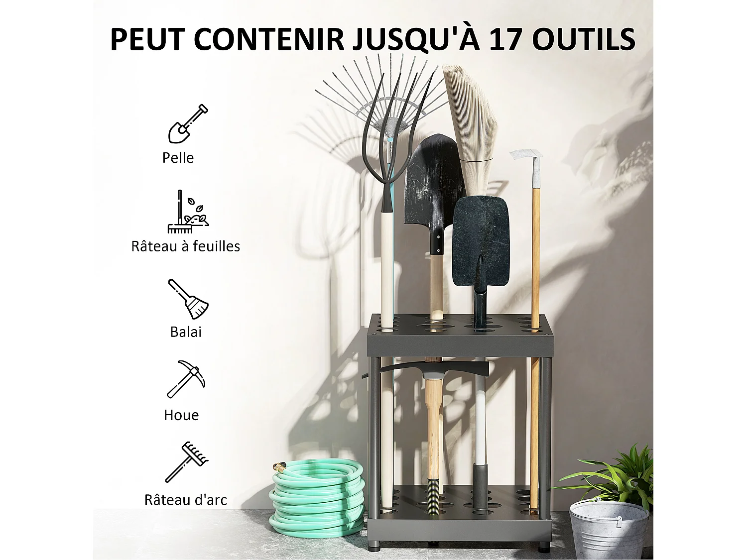 Organisateur d'outils de jardin 16 compartiments acier époxy noir