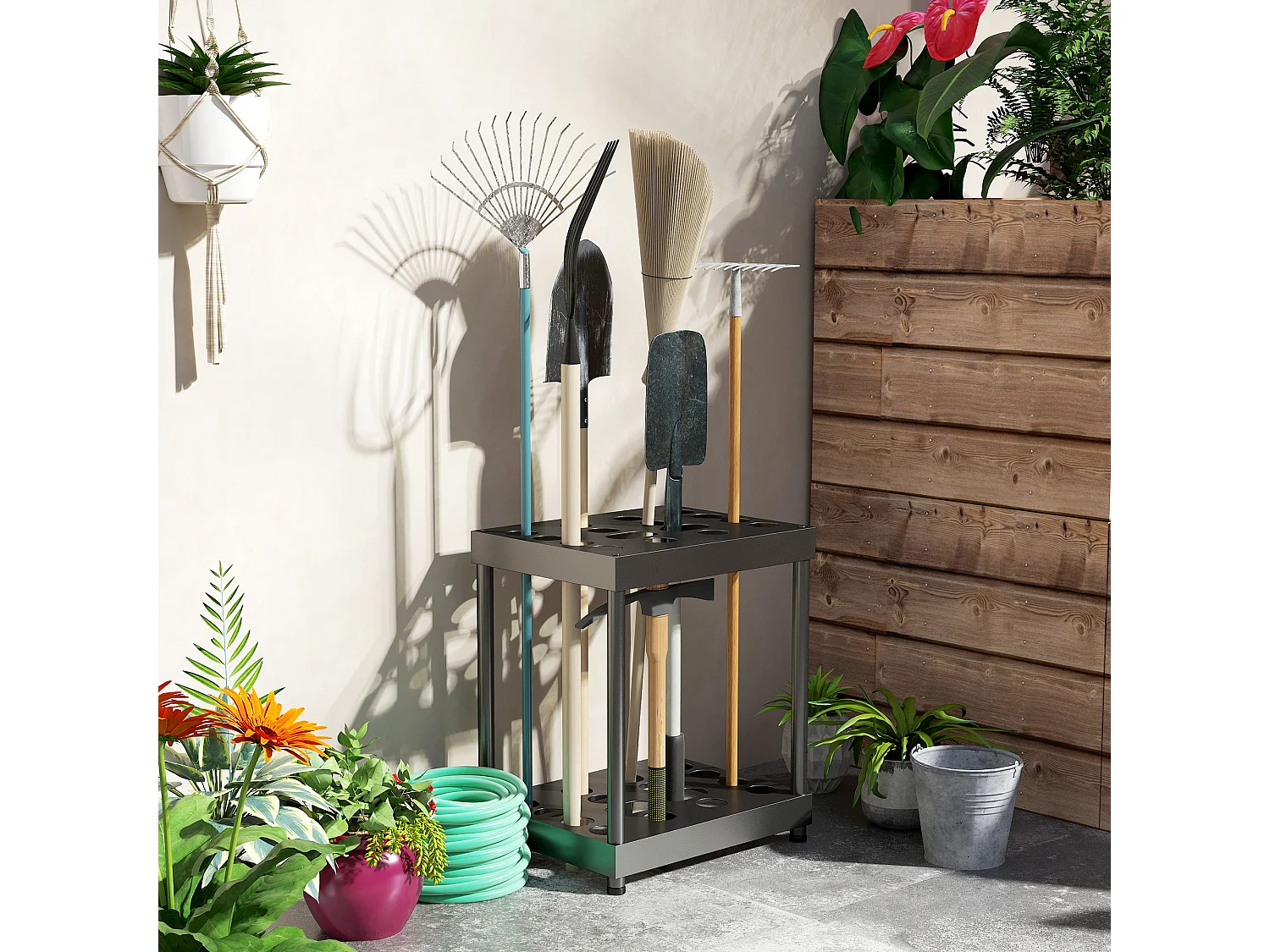 Organisateur d'outils de jardin 16 compartiments acier époxy noir