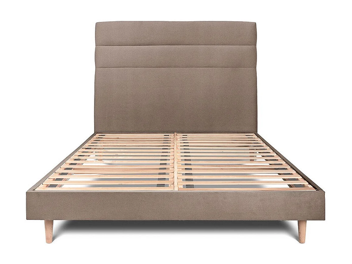 Lit 180x200cm avec tête de lit lignes velours et sommier kit taupe - Hauteur totale : 29cm
