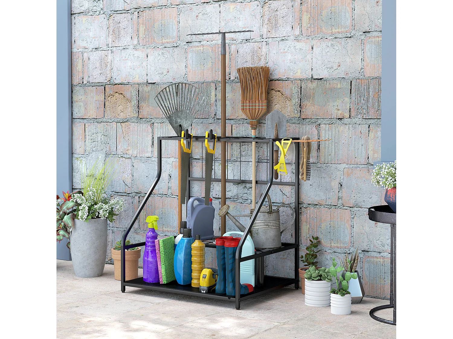 Organiseur d'outils de jardin 5+6 crochets, nombreux compartiments - métal noir
