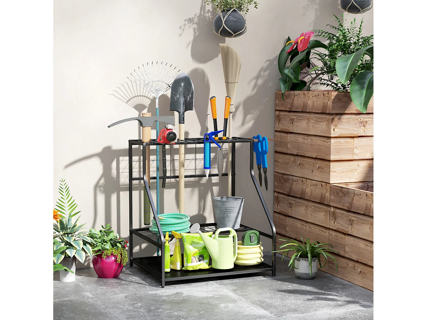 Organiseur d'outils de jardin 5+6 crochets, nombreux compartiments - métal noir