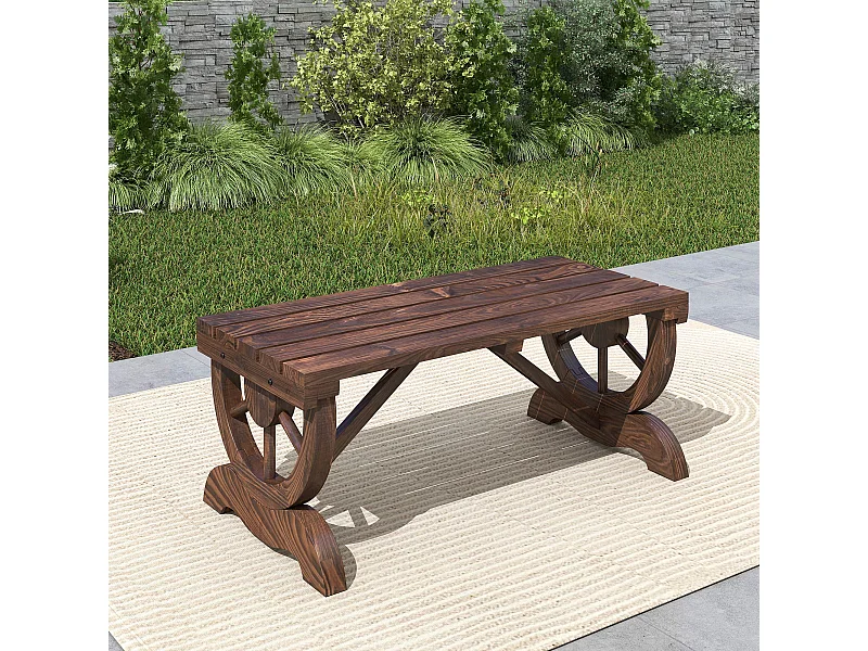 Banc de jardin 2 places style western piètement roues de charrette bois sapin traité carbonisation