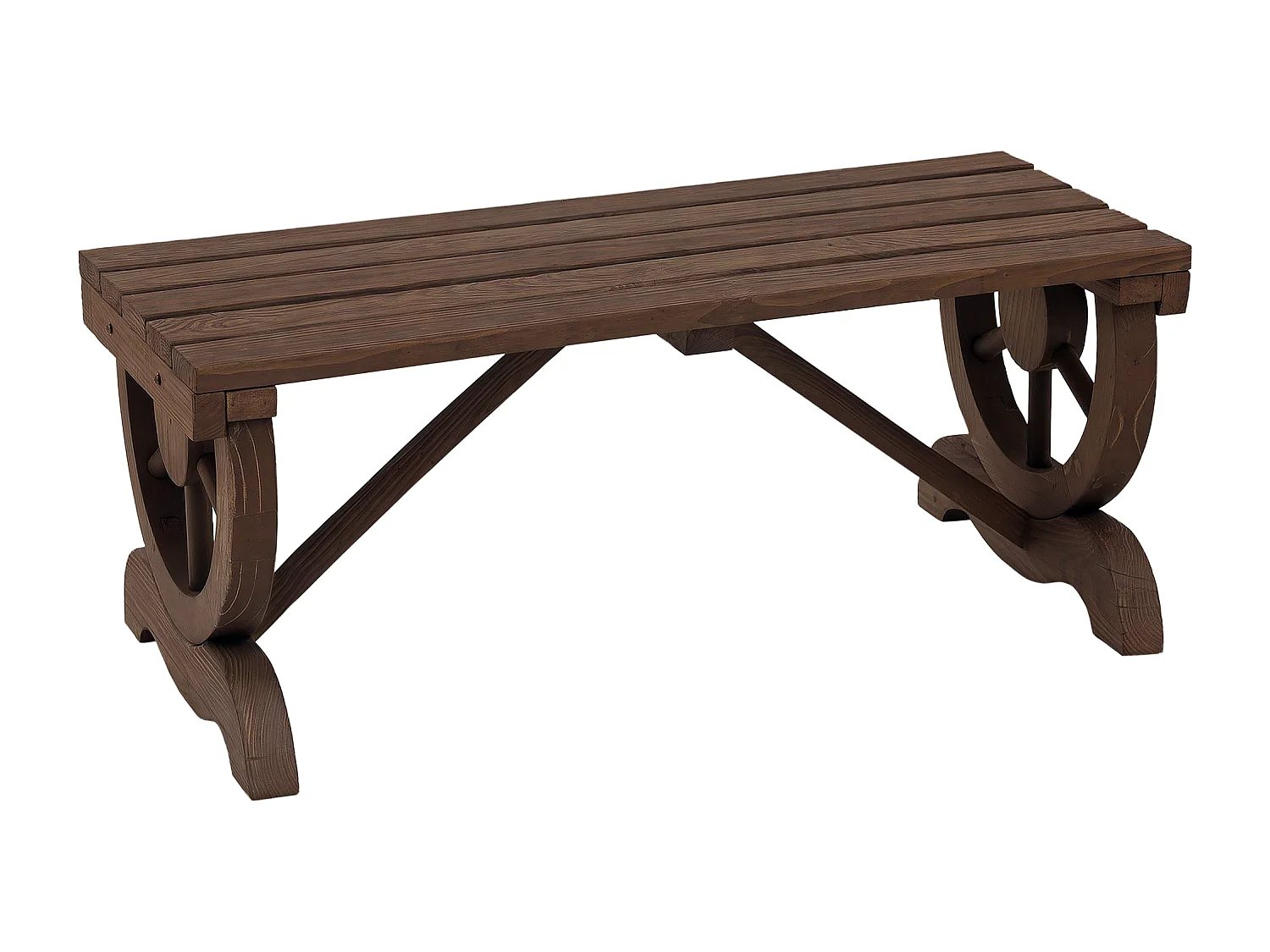 Banc de jardin 2 places style western piètement roues de charrette bois sapin traité carbonisation