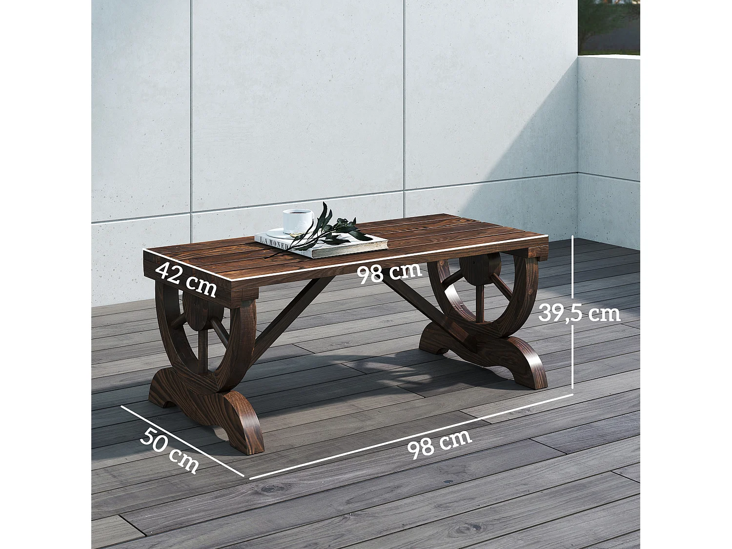 Banc de jardin 2 places style western piètement roues de charrette bois sapin traité carbonisation
