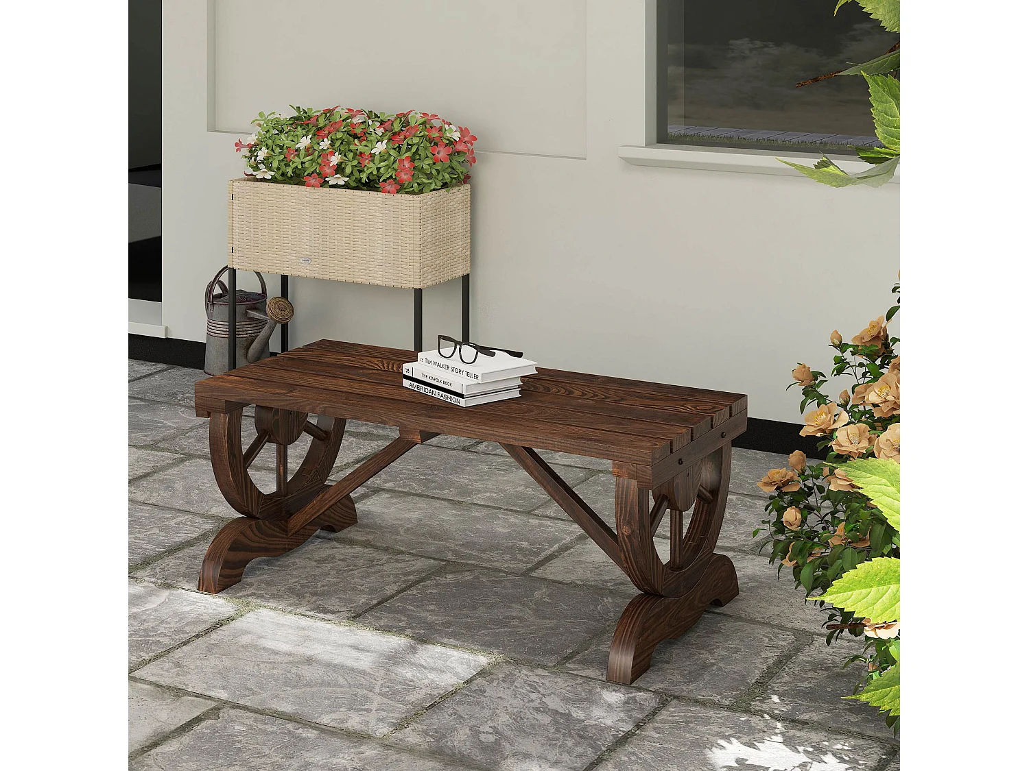 Banc de jardin 2 places style western piètement roues de charrette bois sapin traité carbonisation