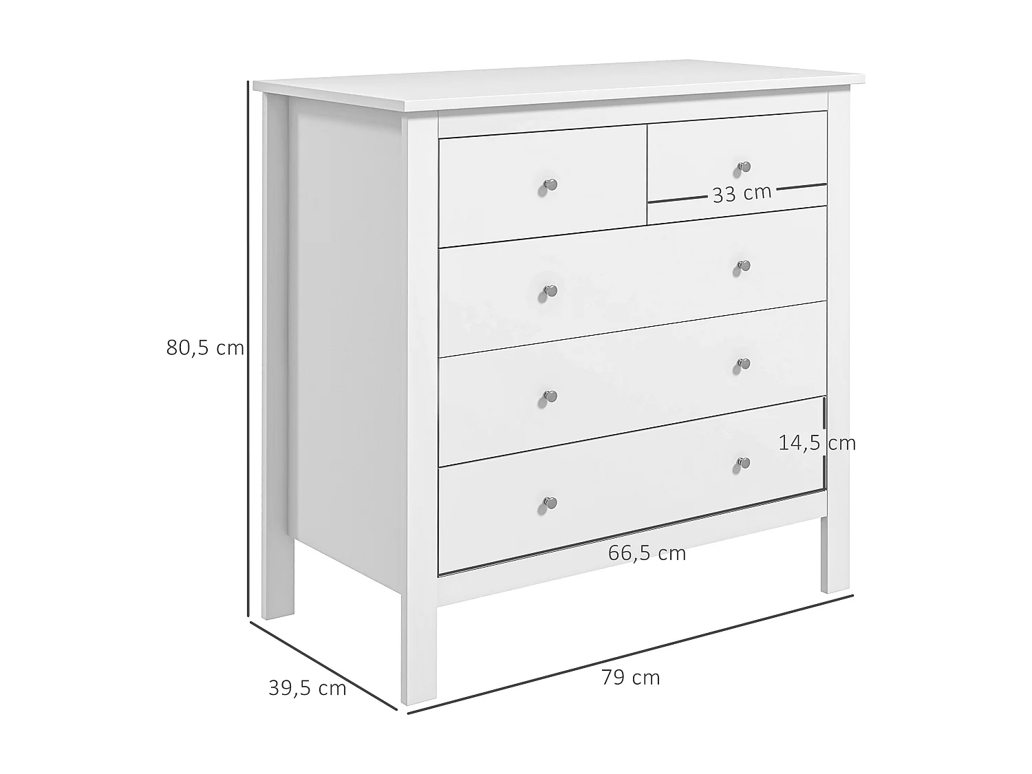 Commode 5 tiroirs style contemporain dim. 79L x 39,5l x 80,5H cm poignées boutons métal MDF blanc