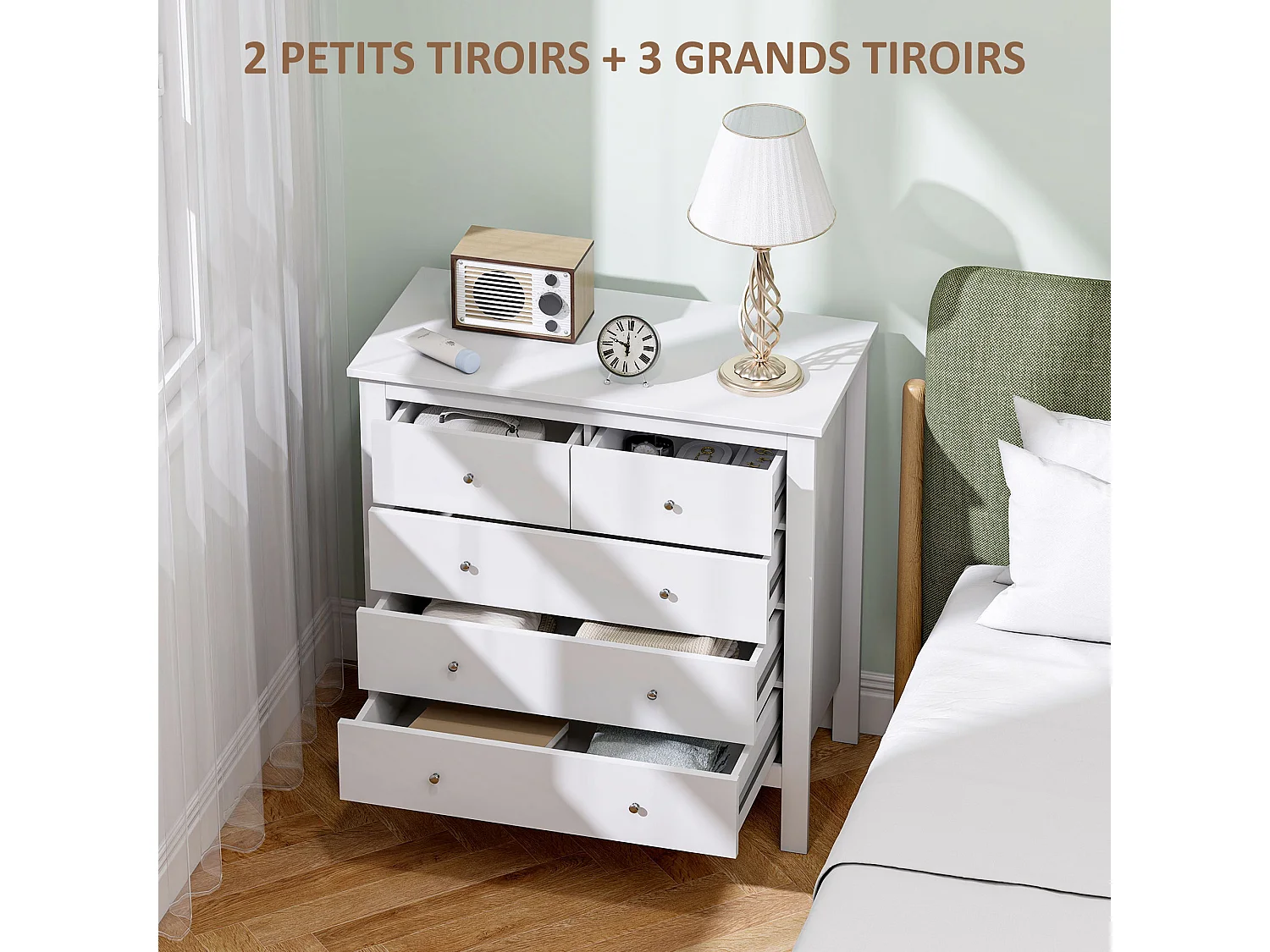 Commode 5 tiroirs style contemporain dim. 79L x 39,5l x 80,5H cm poignées boutons métal MDF blanc