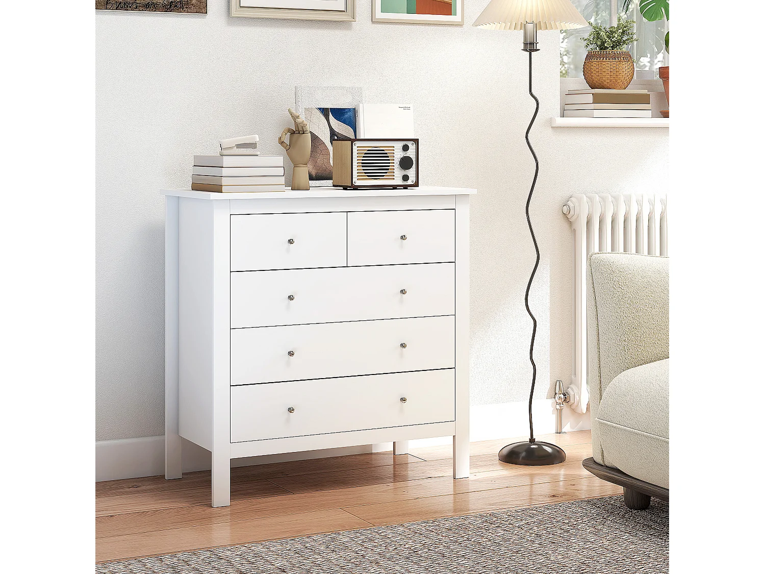 Commode 5 tiroirs style contemporain dim. 79L x 39,5l x 80,5H cm poignées boutons métal MDF blanc