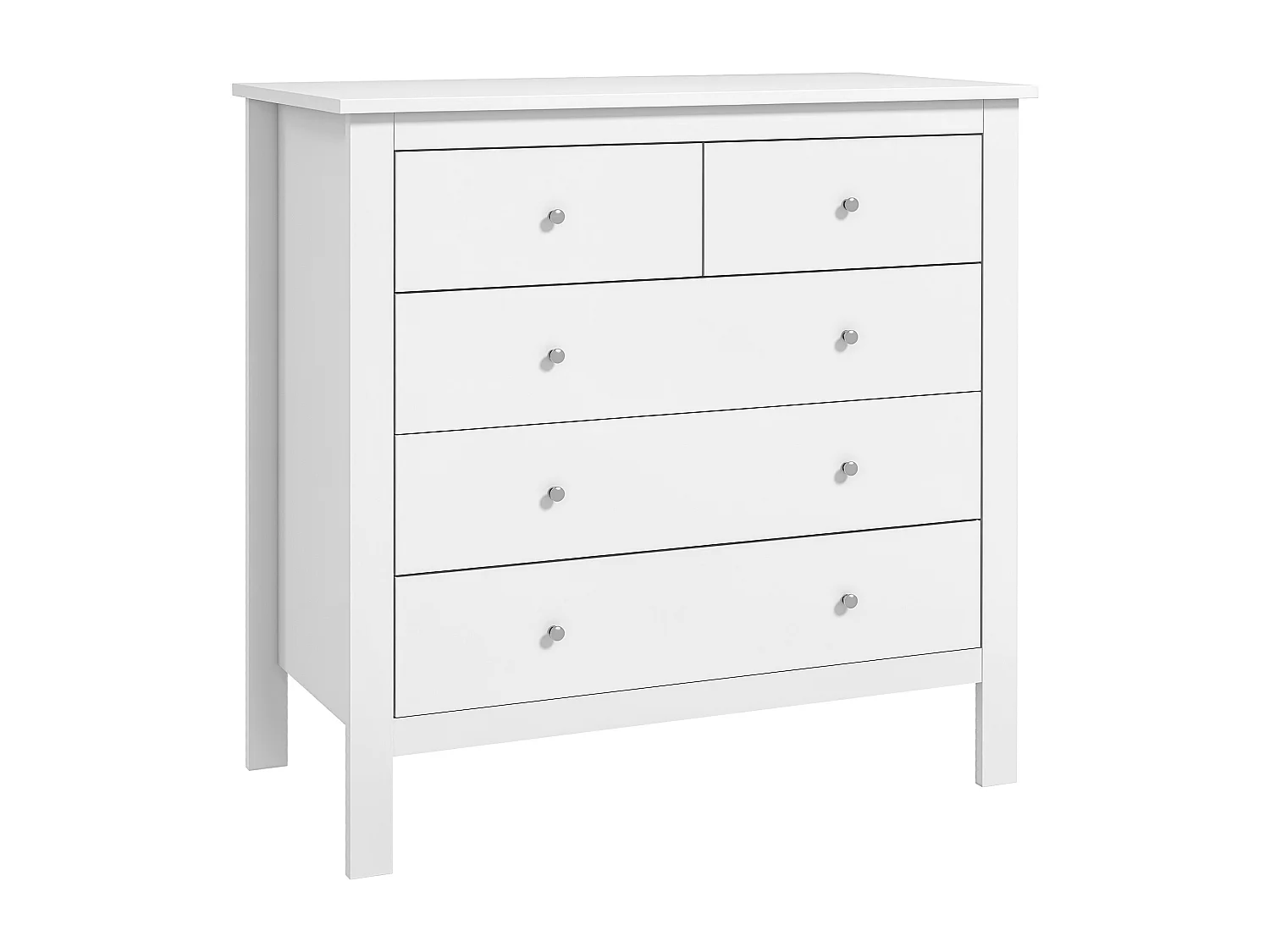 Commode 5 tiroirs style contemporain dim. 79L x 39,5l x 80,5H cm poignées boutons métal MDF blanc
