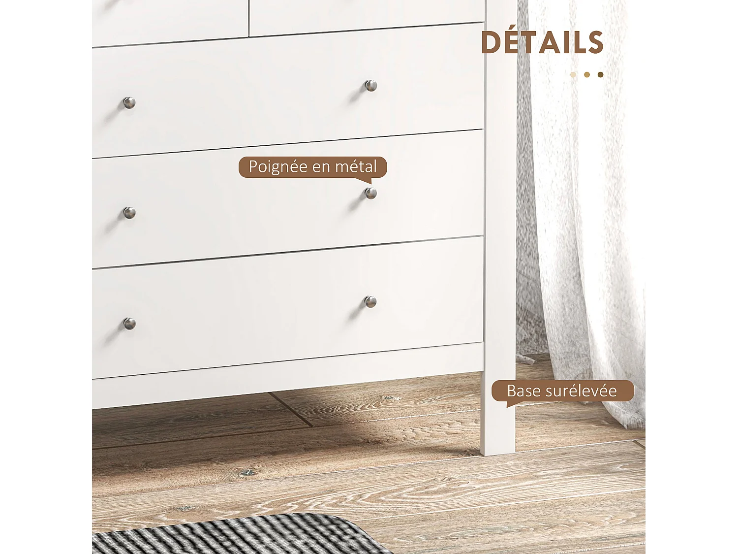 Commode 5 tiroirs style contemporain dim. 79L x 39,5l x 80,5H cm poignées boutons métal MDF blanc