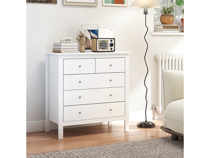 Commode 5 tiroirs style contemporain dim. 79L x 39,5l x 80,5H cm poignées boutons métal MDF blanc