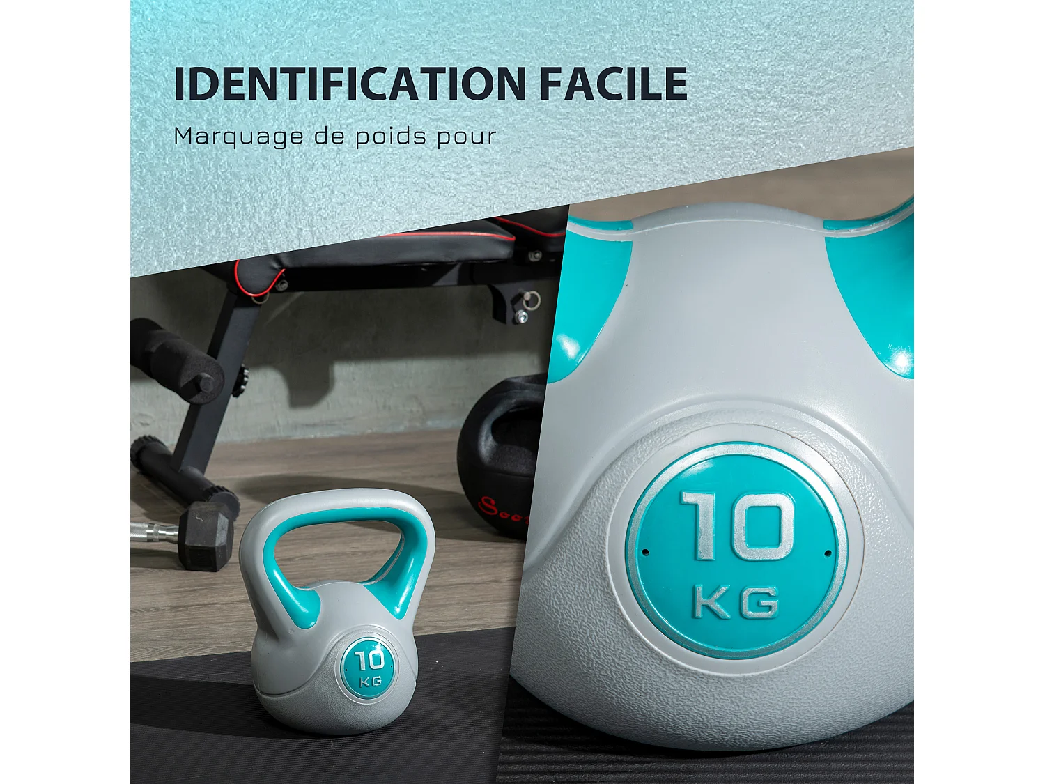 Kettlebell 10 Kg - haltère boule - poignée ergonomique - PU gris bleu