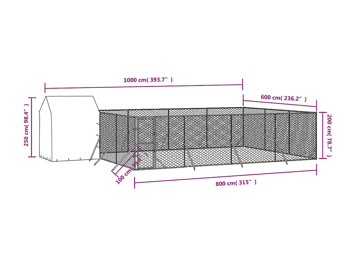 Chenil d'extérieur pour chiens avec toit argenté 10x6x2,5 m