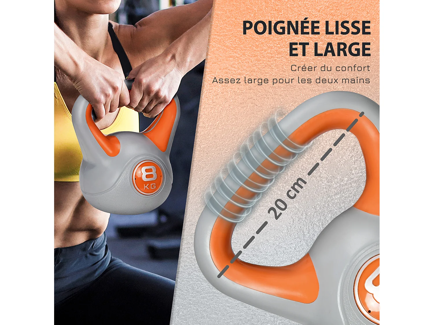 Kettlebell 8 Kg - haltère boule - poignée ergonomique - PU gris orange